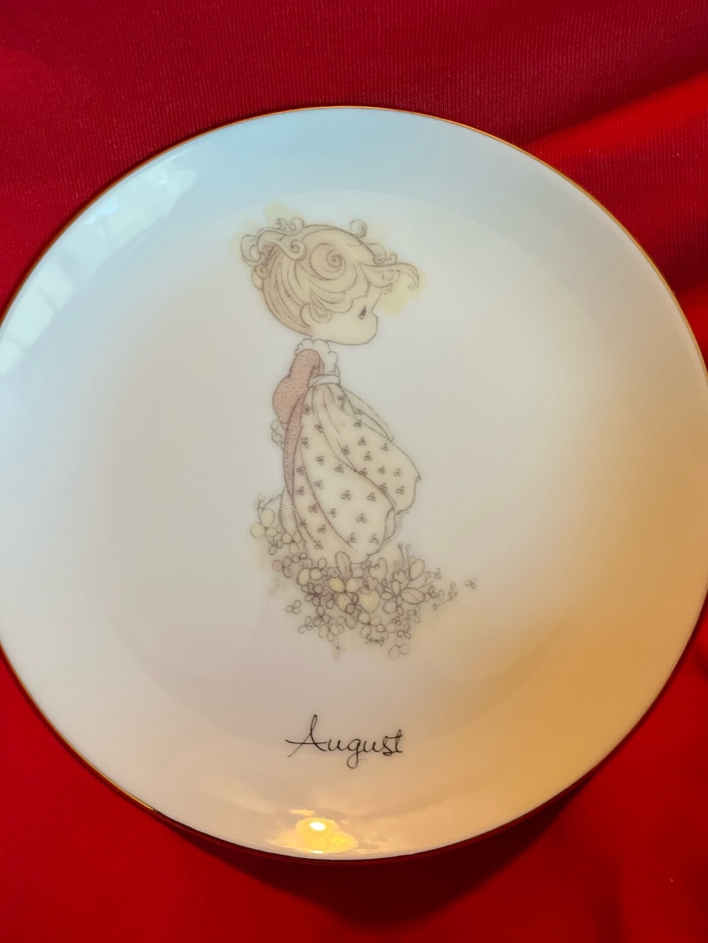 Precious Moments August Plate - White with Gold Trim and Pink Accents